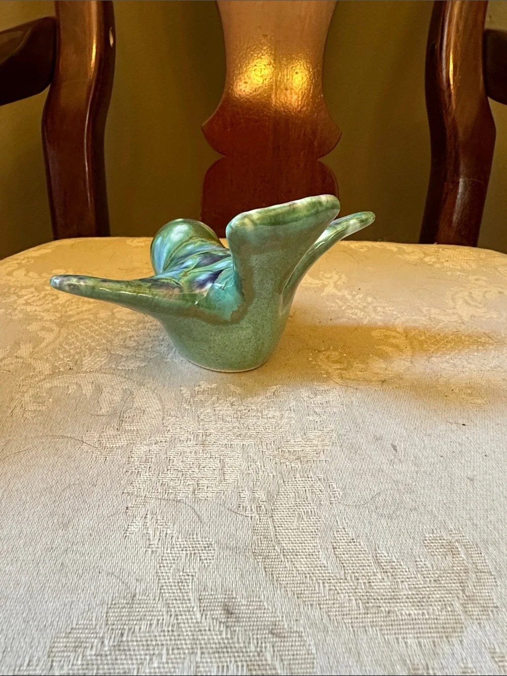 1960s Monterey Jade pottery bird w/green, blue drip glaze